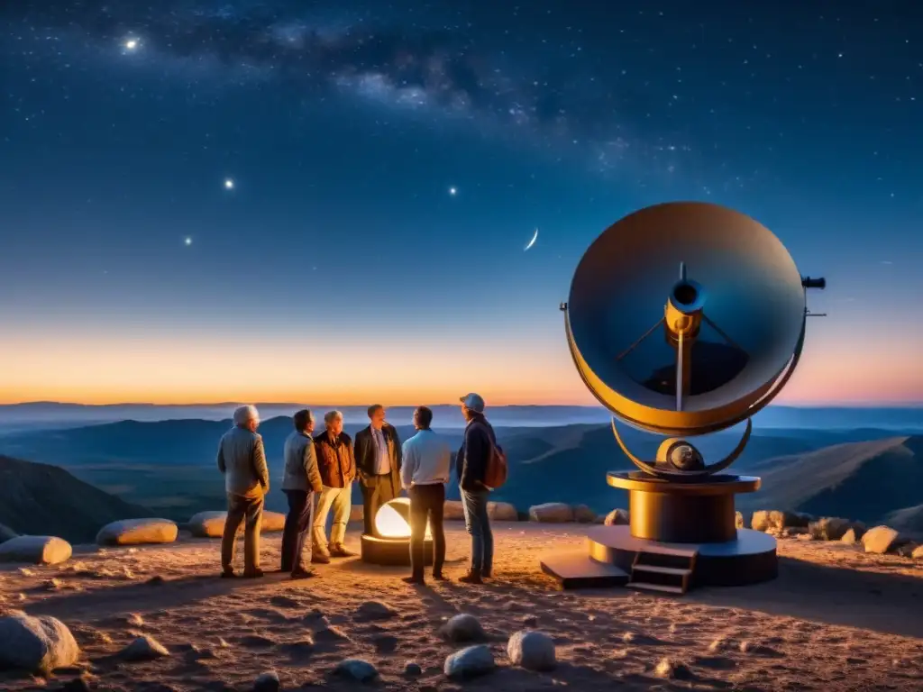 Un grupo de astrónomos y filósofos en profunda contemplación bajo el cielo estrellado