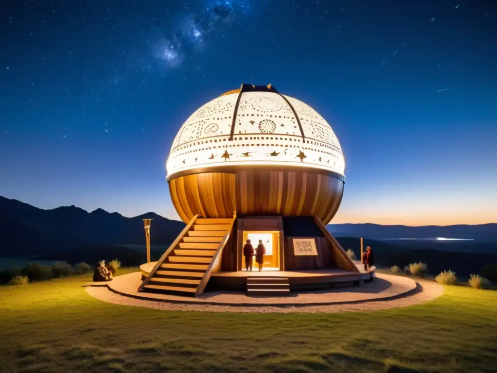 Grupo de astrónomos nativos estudian el cielo estrellado en observatorio tradicional