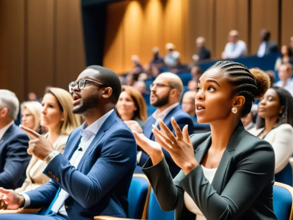 Grupo debatiendo apasionadamente en un auditorio moderno