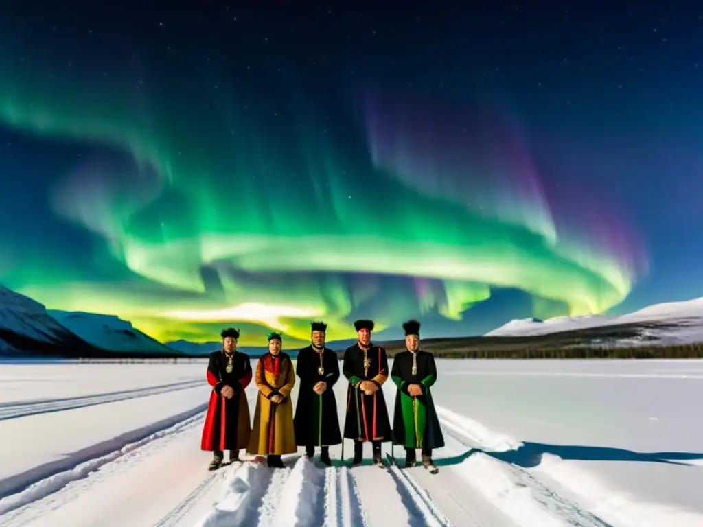 Un grupo de Sami bajo la Aurora Boreal, con atuendos tradicionales, evocando maravilla y significado cultural