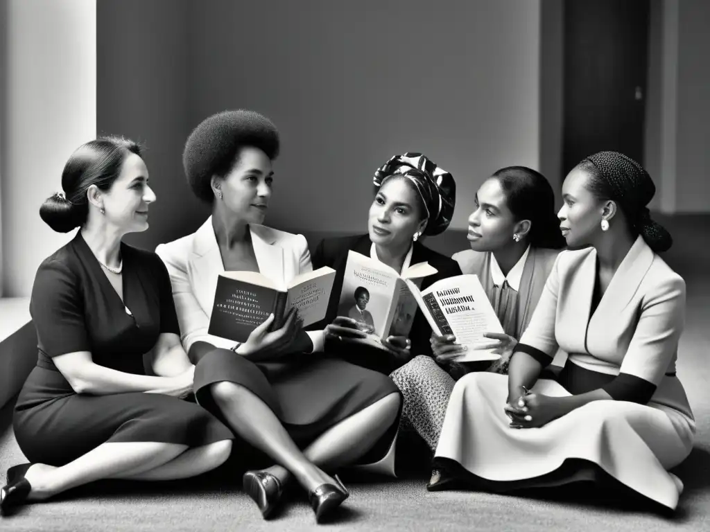 Grupo de autoras feministas revolucionaron narrativa literatura, reunidas en profunda conversación, reflejando empoderamiento y solidaridad