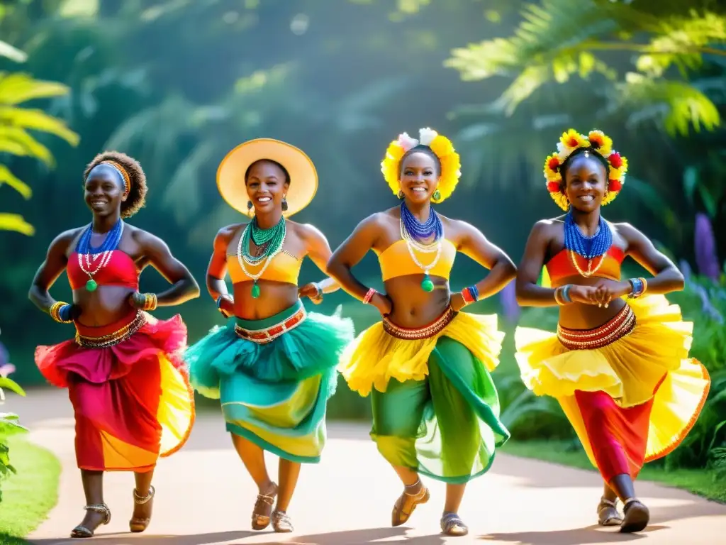 Un grupo de bailarines africanos vistiendo coloridos atuendos tradicionales y joyería de cuentas realizan una enérgica danza en un claro iluminado por el sol, rodeado de exuberante vegetación y flores
