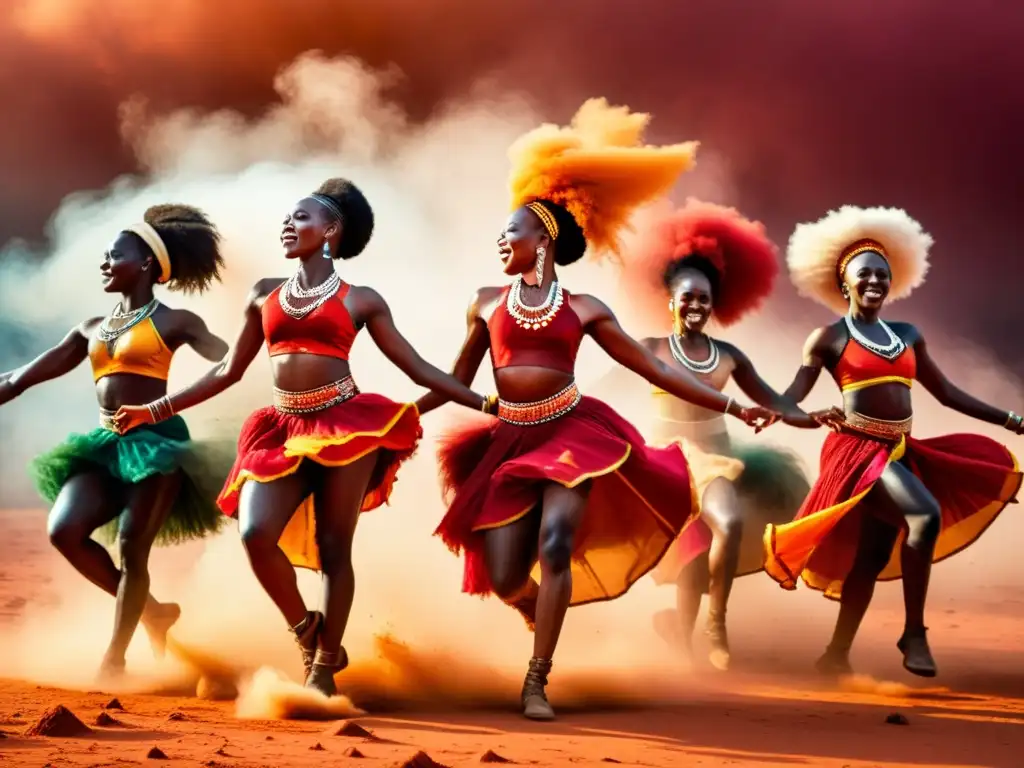 Grupo de bailarines africanos saltando con pasión y energía, envueltos en polvo rojo