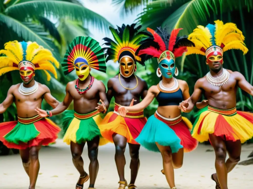 Grupo de bailarines caribeños con máscaras y trajes vibrantes, danzando al ritmo de tambores, rodeados de exuberante vegetación y telas coloridas