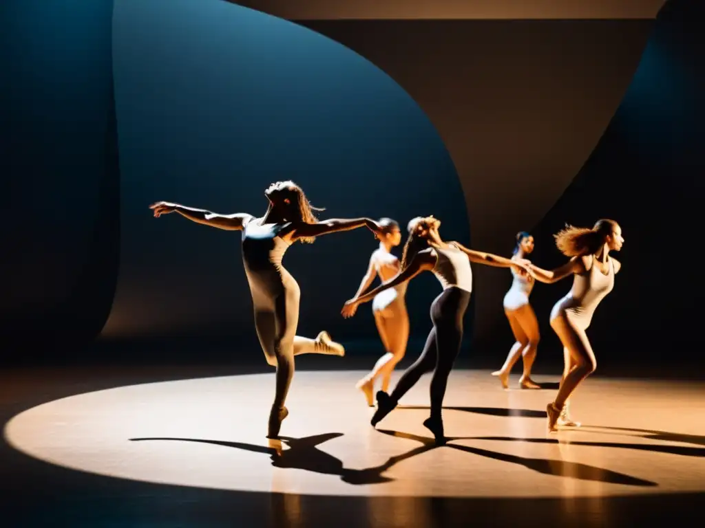 Un grupo de bailarines de danza postmoderna rompiendo formas en un estudio tenue, expresando movimiento y emoción a través de sus cuerpos