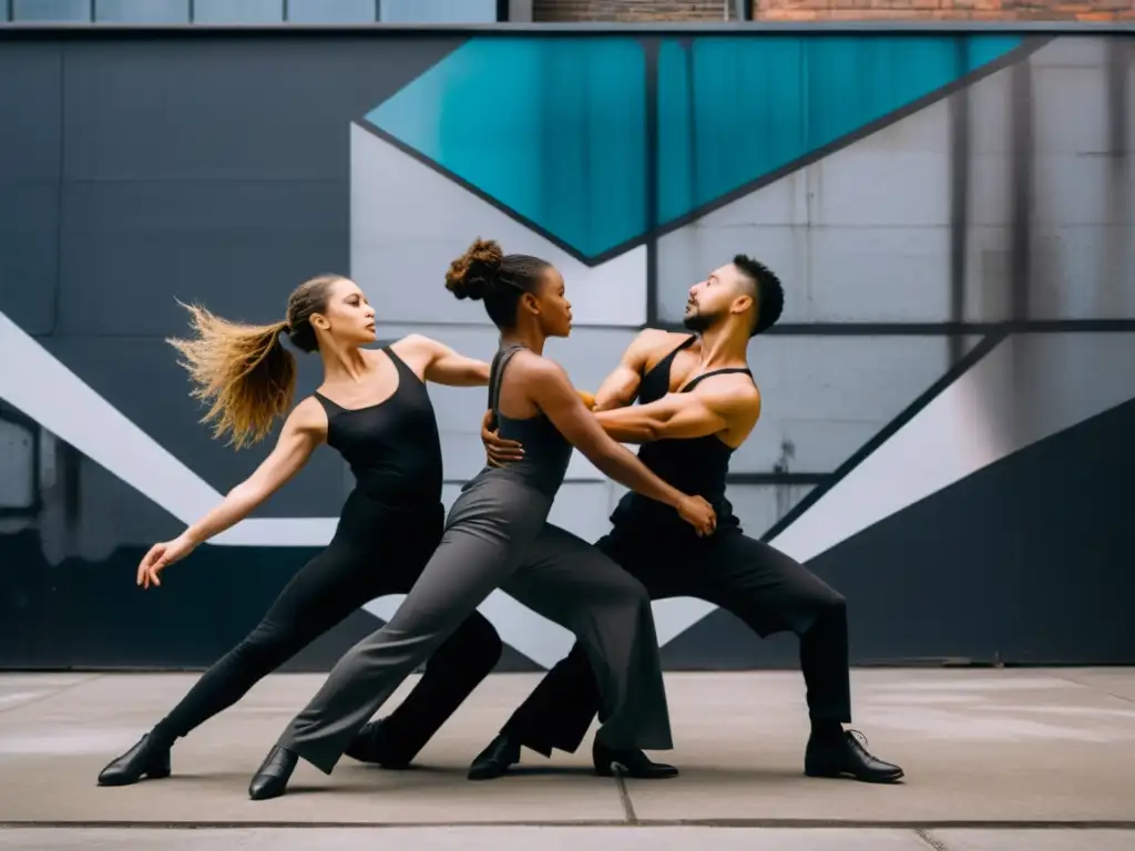 Grupo de bailarines expresivos en performance de postmodernismo