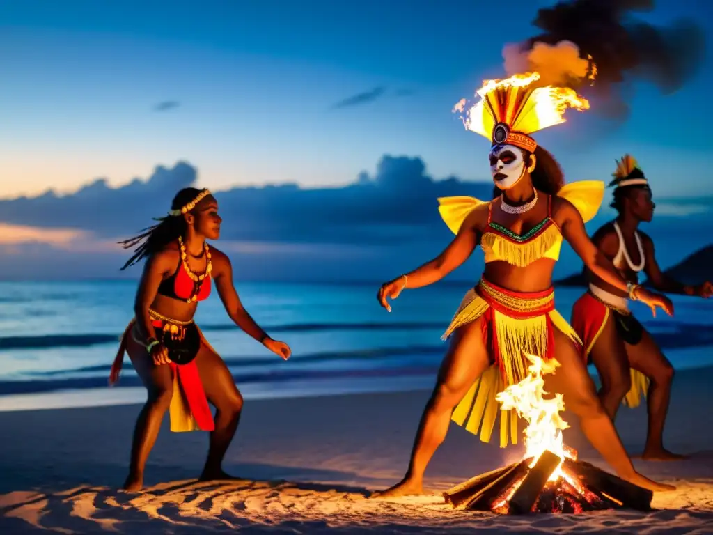 Grupo de bailarines indígenas caribeños en ritual alrededor de fogata en la playa, mostrando la filosofía de los rituales caribeños