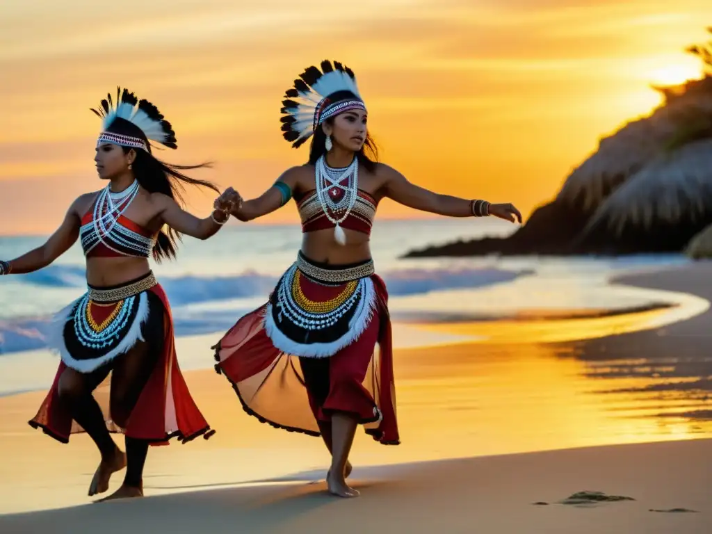 Un grupo de bailarines indígenas interpretando lenguaje corporal tradicional en una danza oceánica al atardecer en la playa