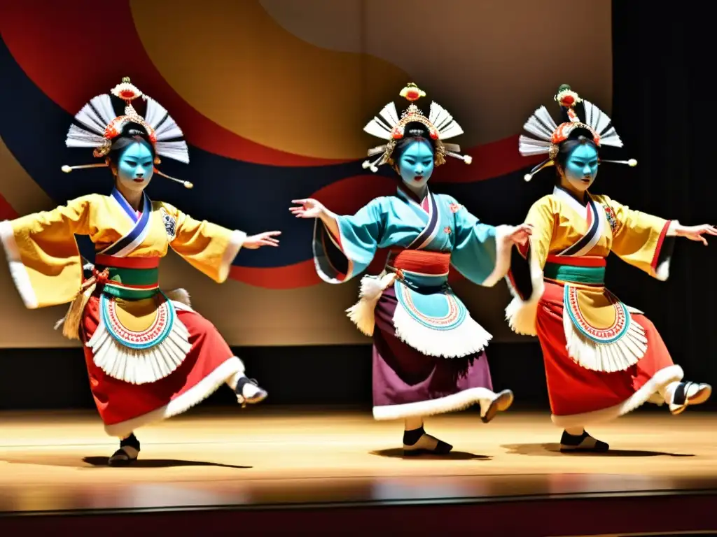 Grupo de bailarines de Kagura en trajes coloridos y máscaras, cautivando al público con movimientos dinámicos, destacando el significado de la danza Kagura
