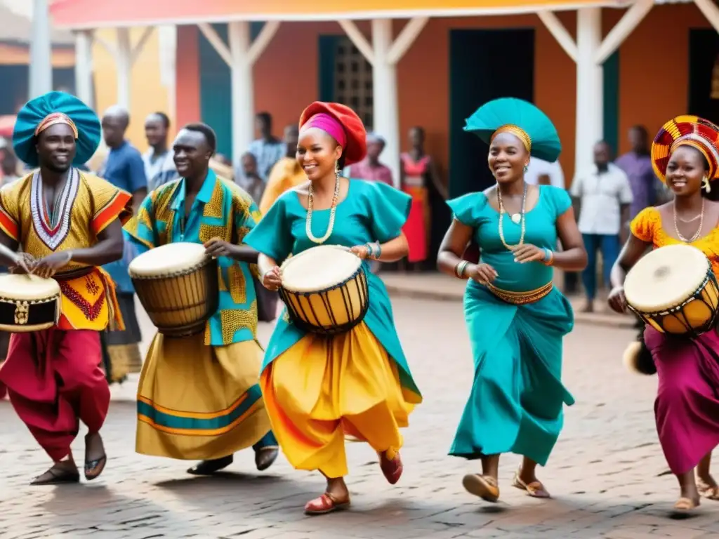 Grupo de bailarines y músicos africanos con trajes coloridos, tocando instrumentos tradicionales en un mercado bullicioso