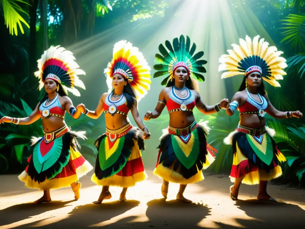 Grupo de bailarines oceánicos indígenas interpretando lenguaje corporal tradicional entre la exuberante vegetación tropical
