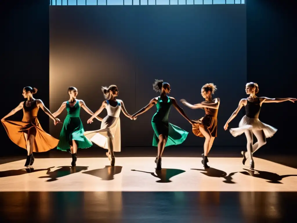Grupo de bailarines postmodernos desafiando convenciones en una atmósfera dinámica, rompiendo formas y redefiniendo el movimiento