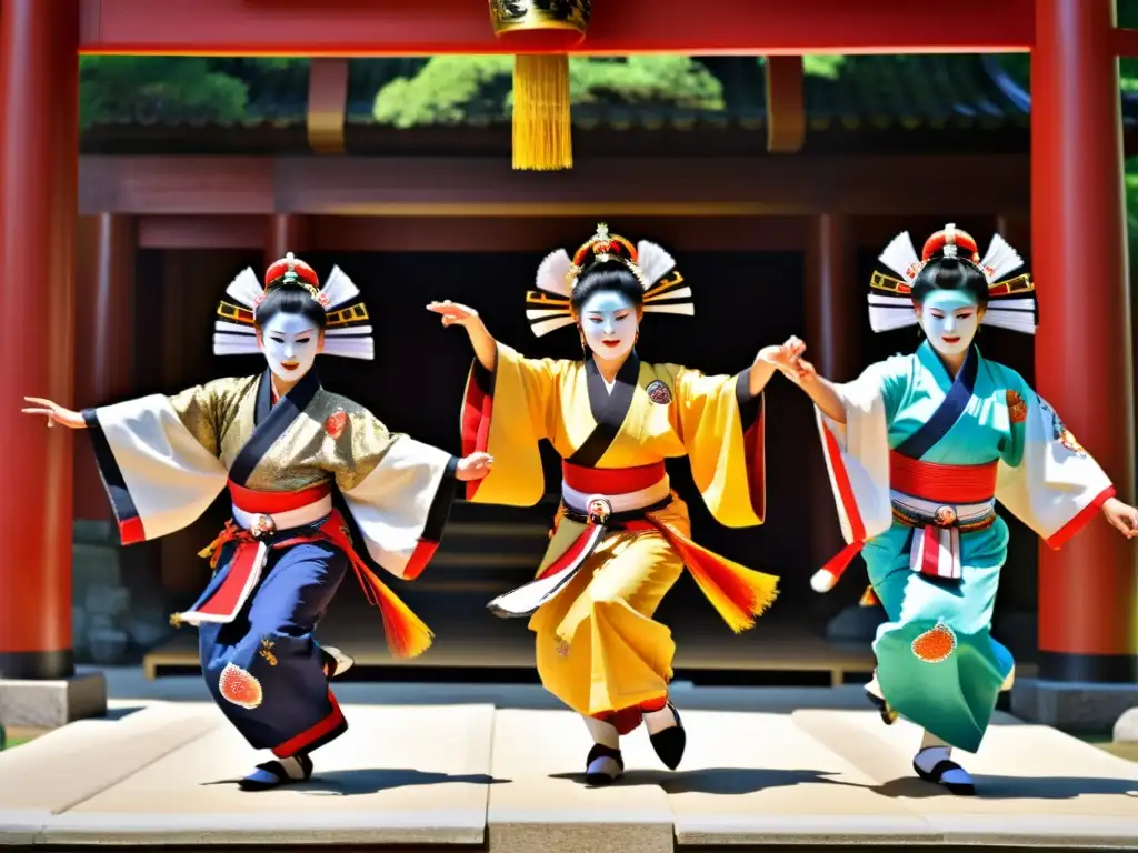 Grupo de bailarines Kagura con trajes vibrantes y máscaras tradicionales realizando una danza dinámica en un santuario shinto