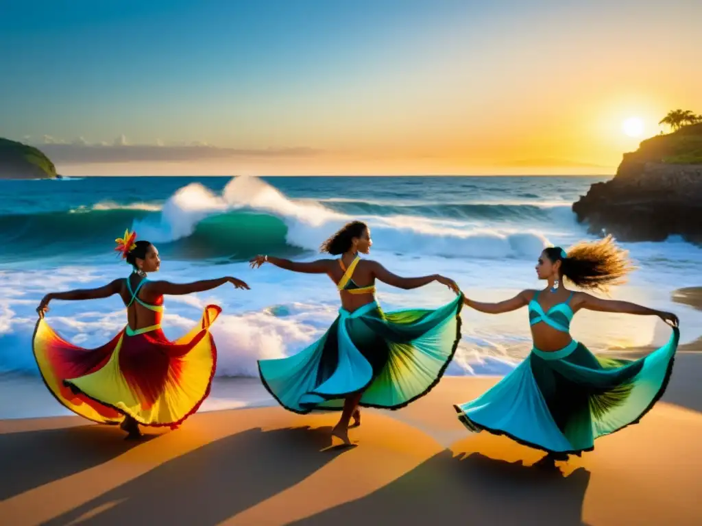 Grupo de bailarines en trajes vibrantes, con movimientos que evocan las olas del mar y criaturas marinas
