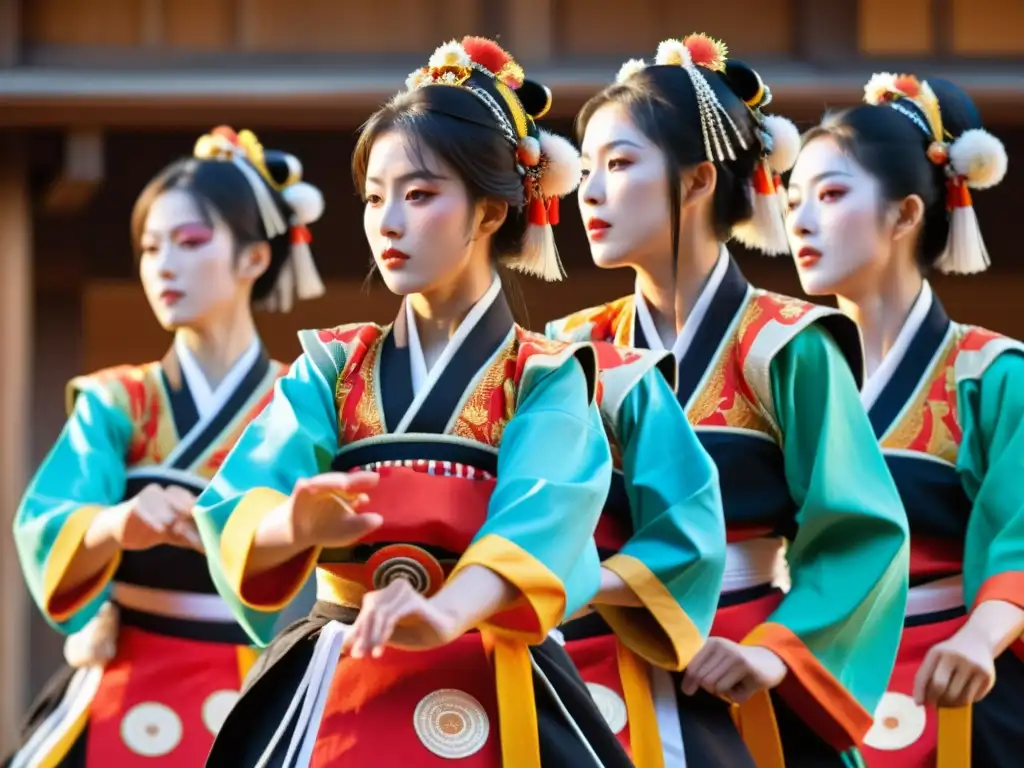 Grupo de bailarines Kagura con trajes vibrantes y expresiones intensas, capturando el significado de la danza Kagura en Japón