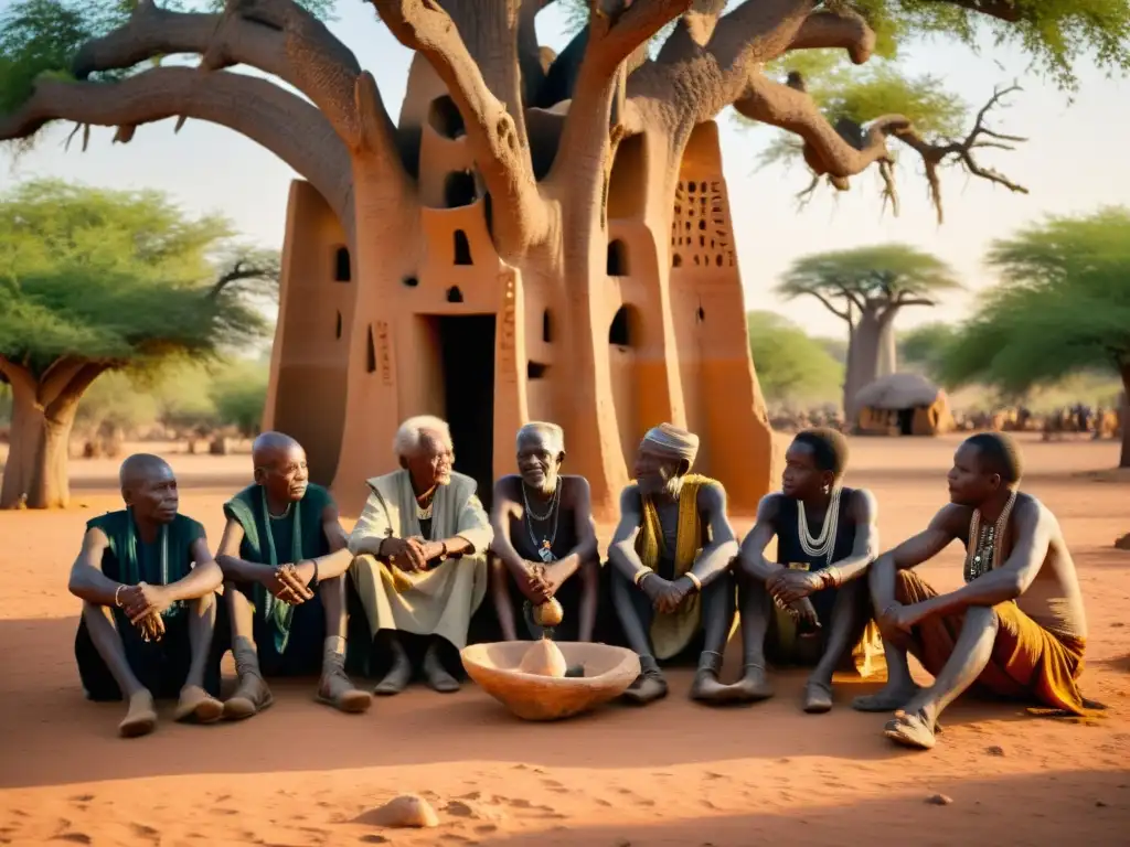 Un grupo de ancianos Dogon bajo un baobab, inmersos en una animada discusión, rodeados de arte tradicional