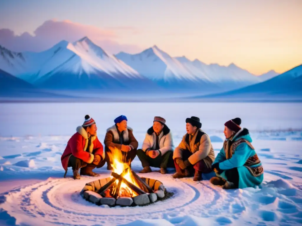 Un grupo de cantantes siberianos tradicionales reunidos alrededor de una fogata en la vasta estepa nevada, vistiendo coloridos trajes tradicionales mientras cantan en perfecta armonía, evocando la música y filosofía de los pueblos siberianos