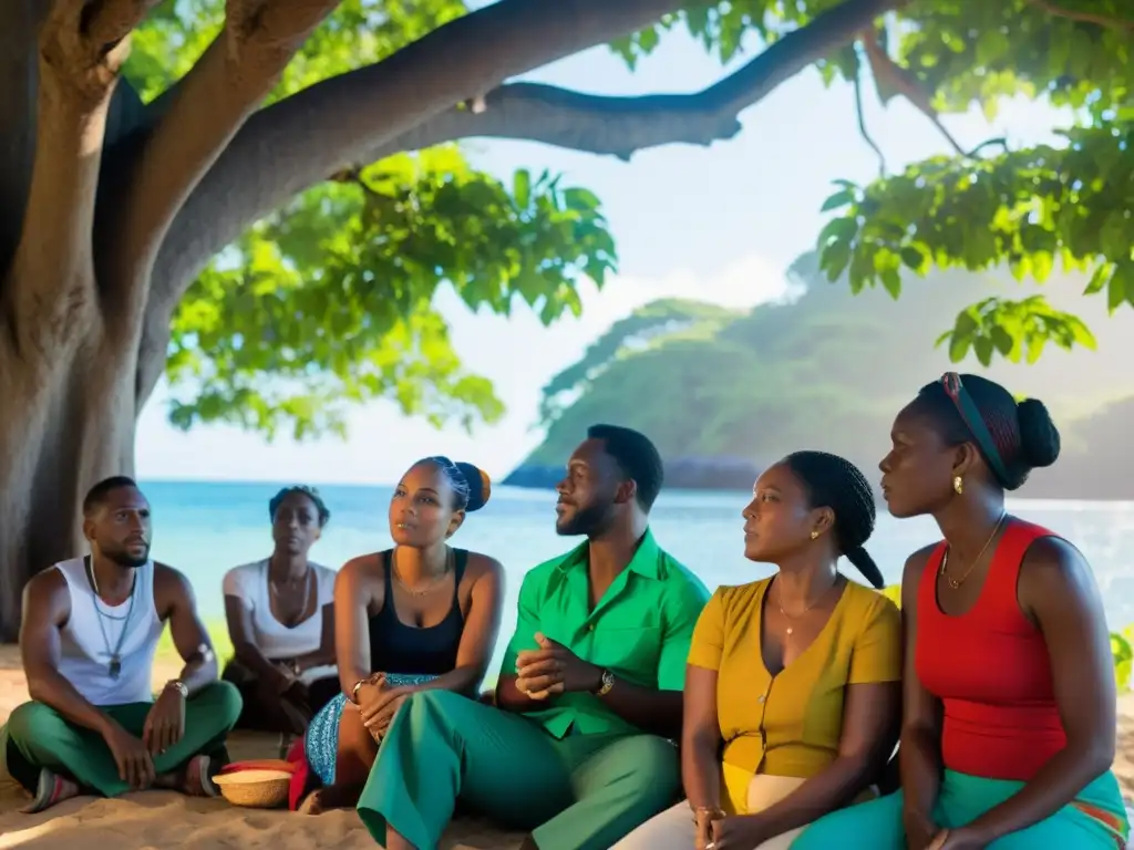 Grupo caribeño debatiendo bajo un árbol, reflejando influencia caribeña en la ética con colores vibrantes y determinación