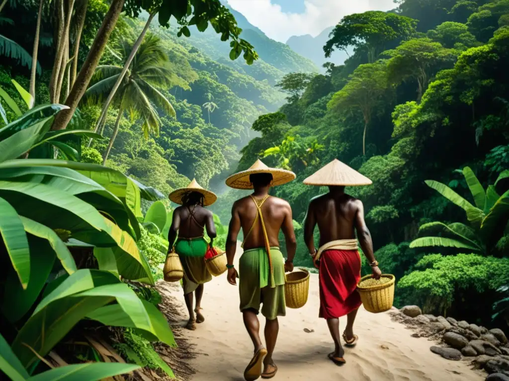 Grupo de caribes precolombinos navega la selva caribeña, mostrando su filosofía de supervivencia