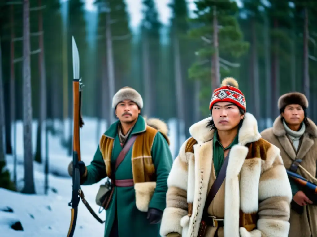 Grupo de cazadores siberianos en bosque nevado, listos para cazar