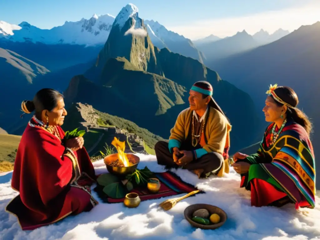 Un grupo de chamanes andinos realiza un ritual en la cima de una montaña al amanecer, conectando con lo divino