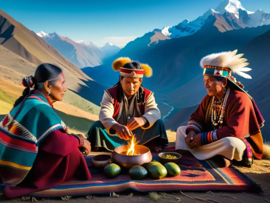 Grupo de chamanes andinos realiza ritual al amanecer en majestuoso paisaje montañoso, envueltos en misticismo andino y cosmovisión ancestral