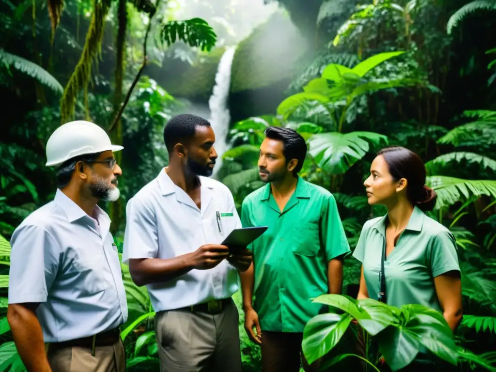 Un grupo de científicos y ambientalistas trabajando en la selva, demostrando su apoyo financiero en la lucha contra el cambio climático