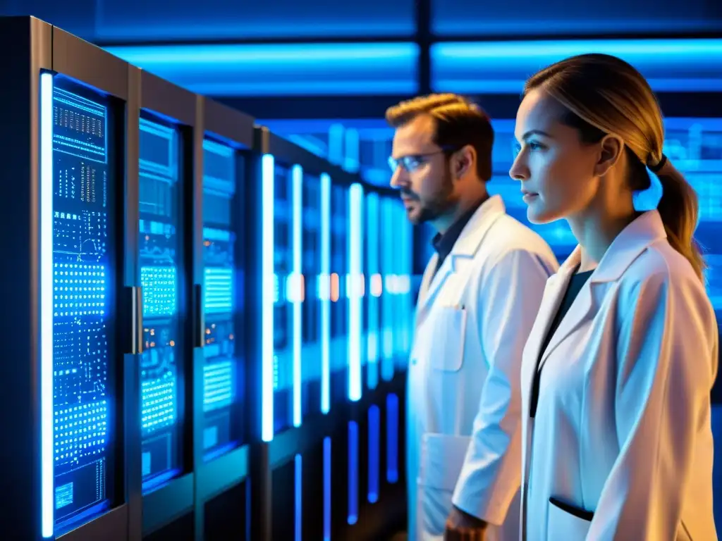 Un grupo de científicos analiza datos en hologramas mientras rodean a un supercomputador futurista