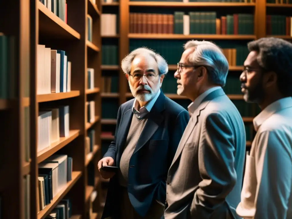 Grupo de científicos y filósofos debatiendo intensamente en una biblioteca iluminada tenue