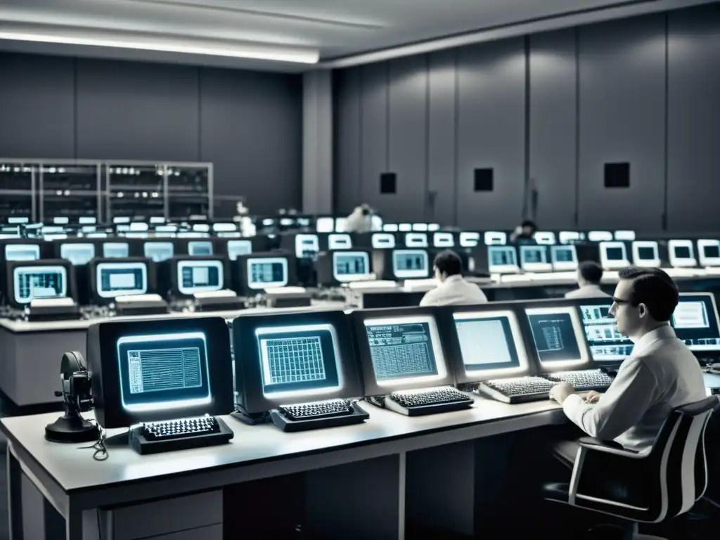 Grupo de científicos y ingenieros trabajando en tecnología informática temprana en un laboratorio tenue