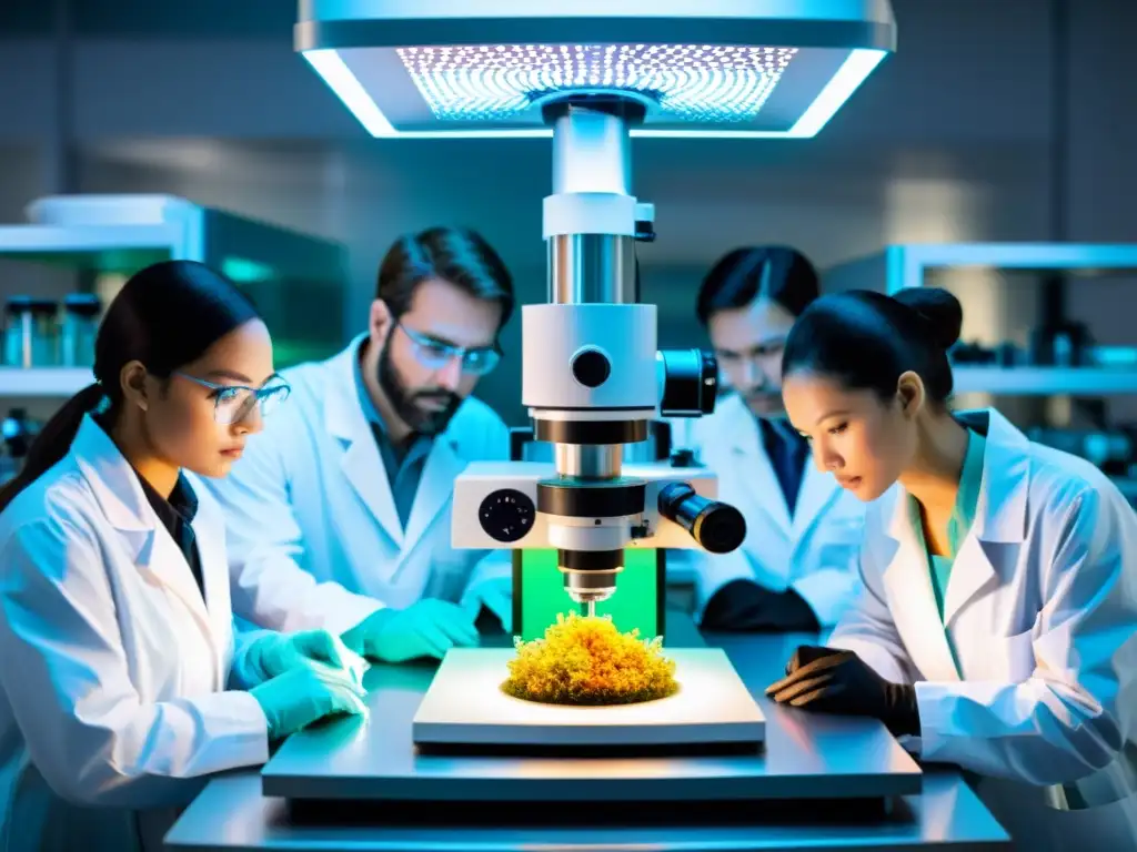 Grupo de científicos en laboratorio futurista observando creación artificial de vida