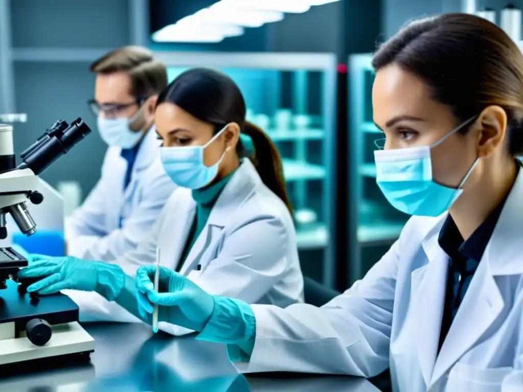 Grupo de científicos trabajando con precisión en un laboratorio moderno, promoviendo la ética en la investigación científica