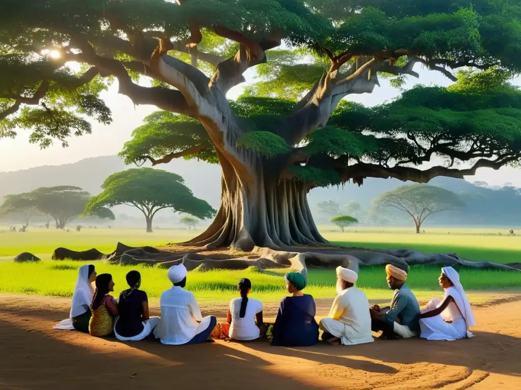 Grupo en círculo bajo árbol banyan en retiro espiritual en India Upanishads, rodeados de naturaleza exuberante y montañas en la neblina