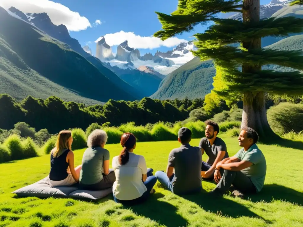 Grupo en círculo debatiendo en el bosque de la Patagonia