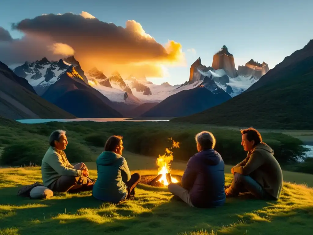 Grupo en círculo frente a montañas de Patagonia al atardecer, en retiro filosófico