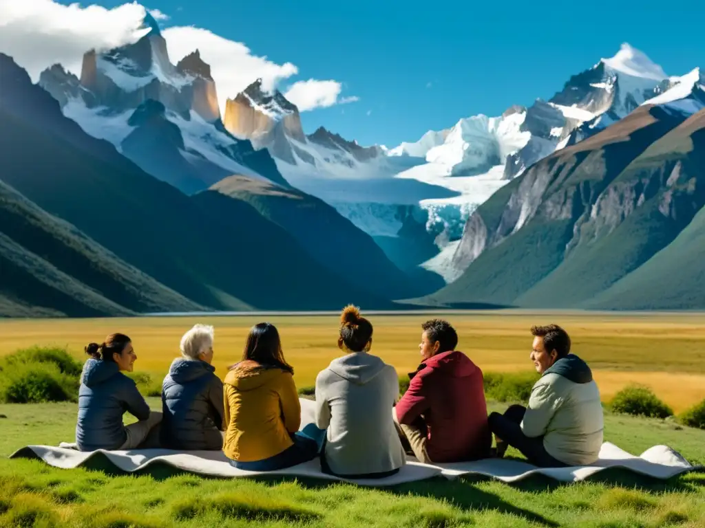 Un grupo reflexiona en círculo en la Patagonia, rodeados de montañas