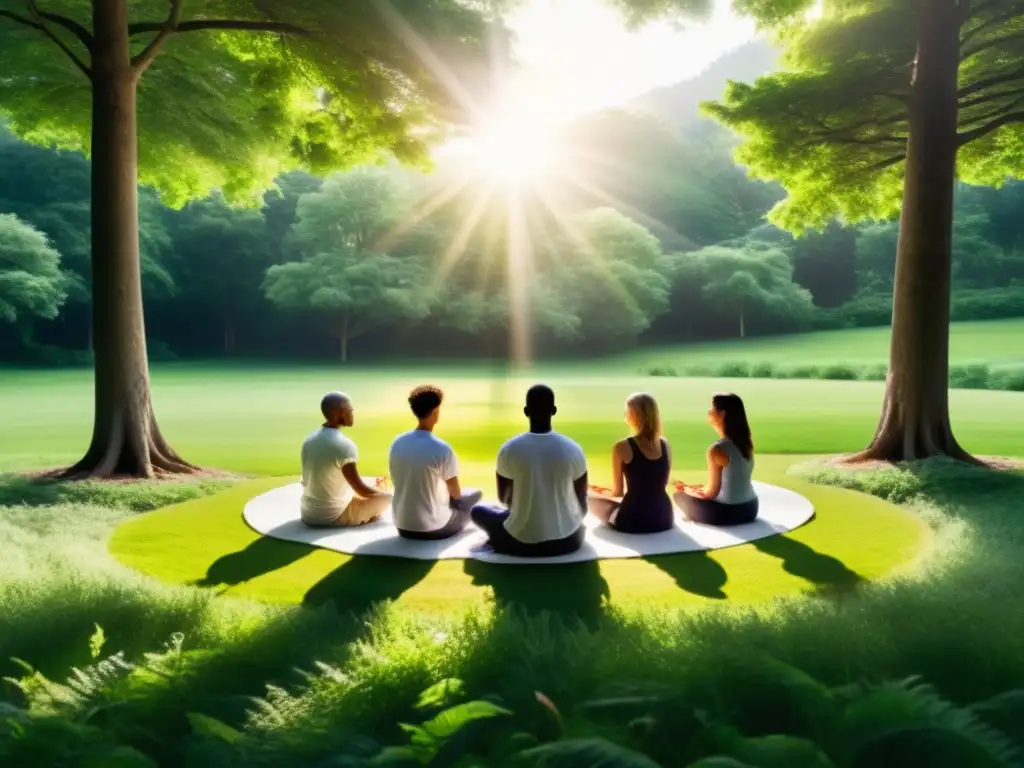 Grupo meditando en círculo en prado verde, rodeados de árboles