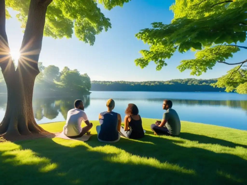 'Grupo en círculo reflexiona en retiro filosófico para cambiar perspectiva, bajo árboles y junto al lago sereno
