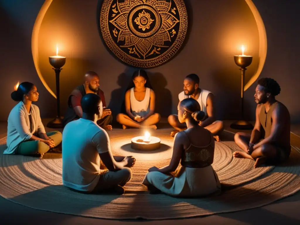 Grupo en círculo en sala con luz tenue, iluminados por velas, inmersos en profunda reflexión y discusión filosófica
