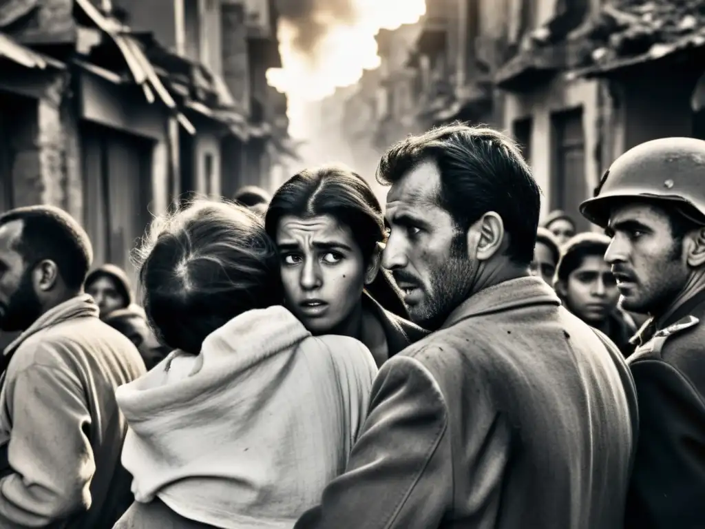 Grupo de civiles en una calle devastada por la guerra, mostrando miedo y determinación
