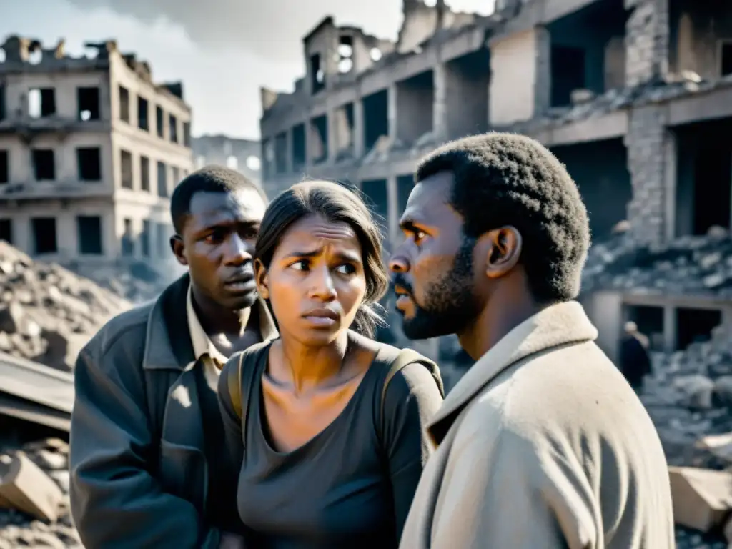 Un grupo de civiles busca refugio entre ruinas en una ciudad devastada por la guerra, mostrando la ética en conflictos armados justicia
