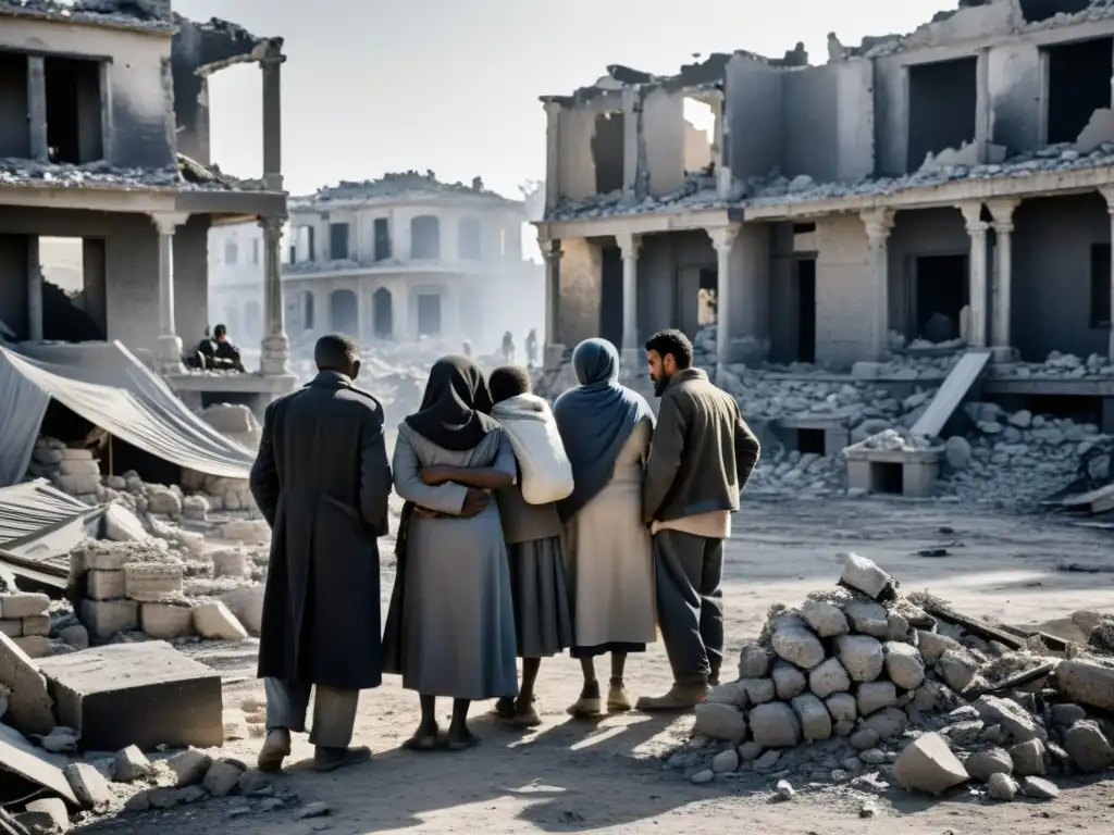 Grupo de civiles buscando refugio entre ruinas en zona de conflicto, destacando la importancia de la ética en conflictos armados justicia