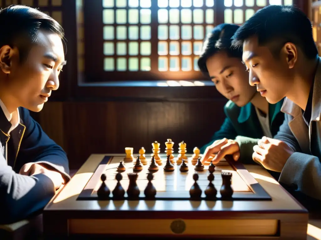 Grupo concentrado jugando ajedrez chino con motivos tradicionales