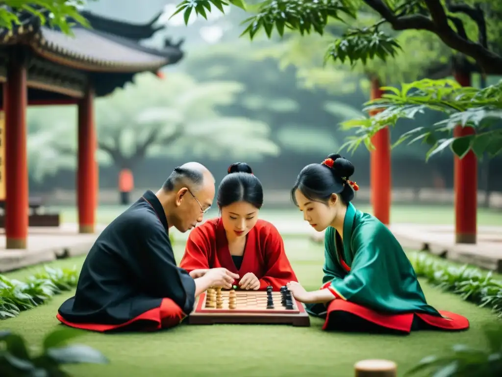Grupo concentrado juega xiangqi en jardín chino