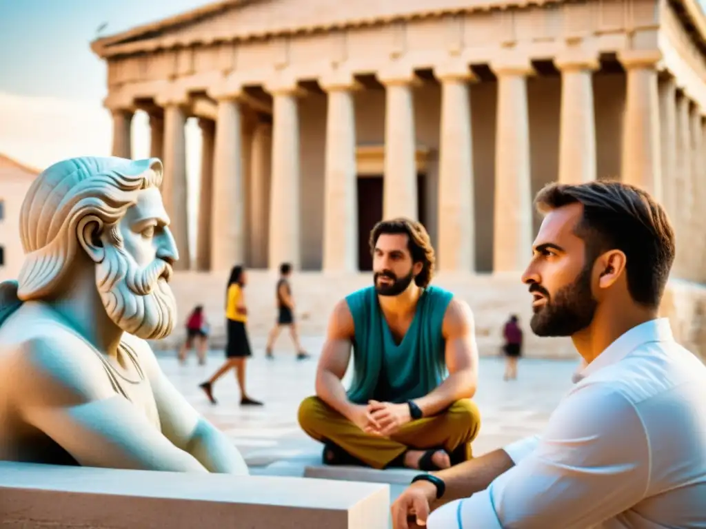 Grupo contemporáneo debate filosofía helenística en entorno urbano con arquitectura griega, expresiones animadas