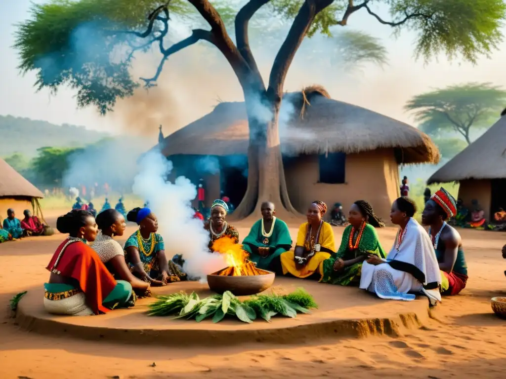 Grupo de curanderos realizando una ceremonia de sanación en un pueblo africano, rodeados de hierbas y plantas medicinales