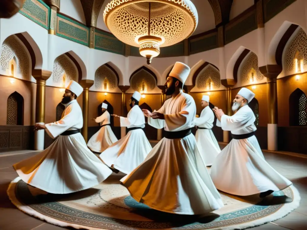 Un grupo de derviches gira en trance en una mezquita Sufi, evocando el simbolismo del giro Sufi