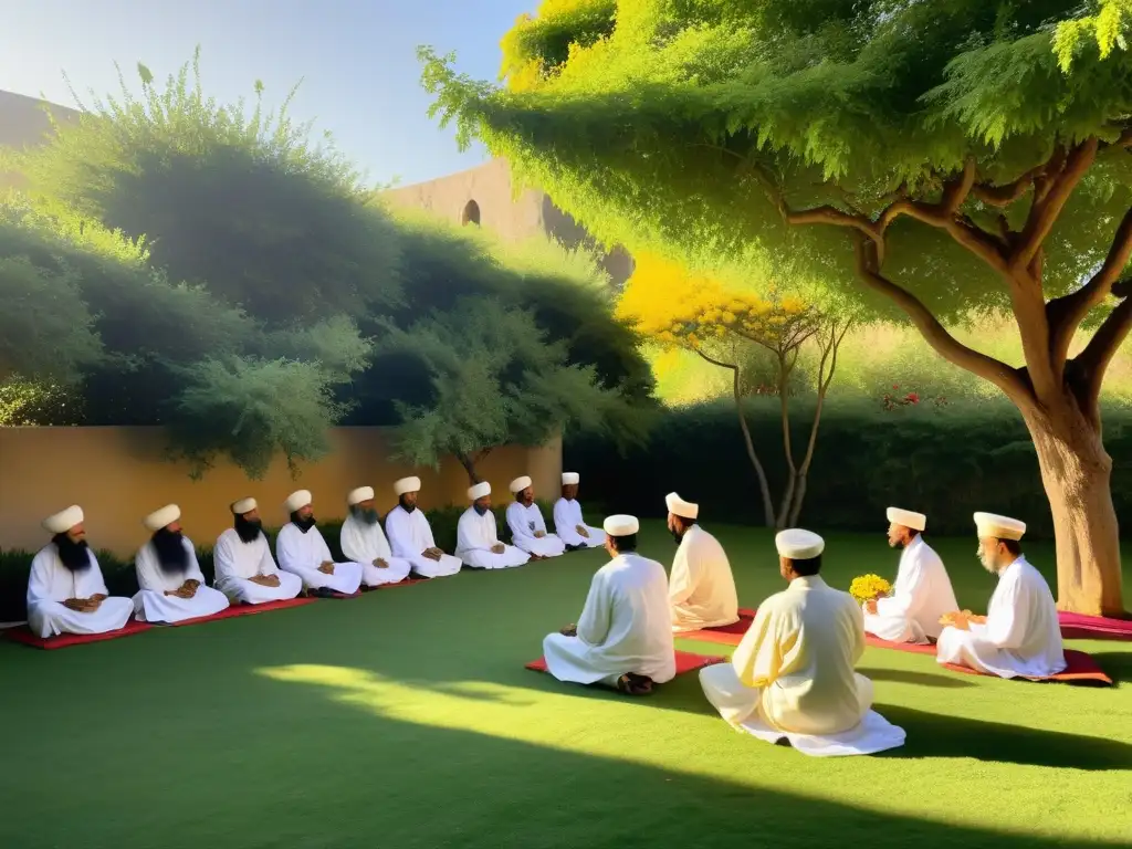 Grupo de derviches sufíes en actividad comunitaria, reflejando la ética del servicio en Sufismo en un entorno sereno y colorido