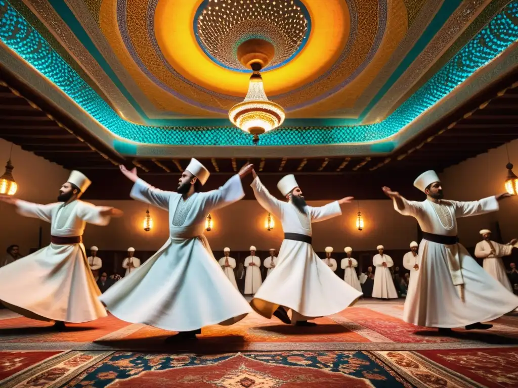 Grupo de derviches sufíes girando en danza espiritual en una sala decorada con alfombras persas y patrones de mosaico, iluminados por una linterna