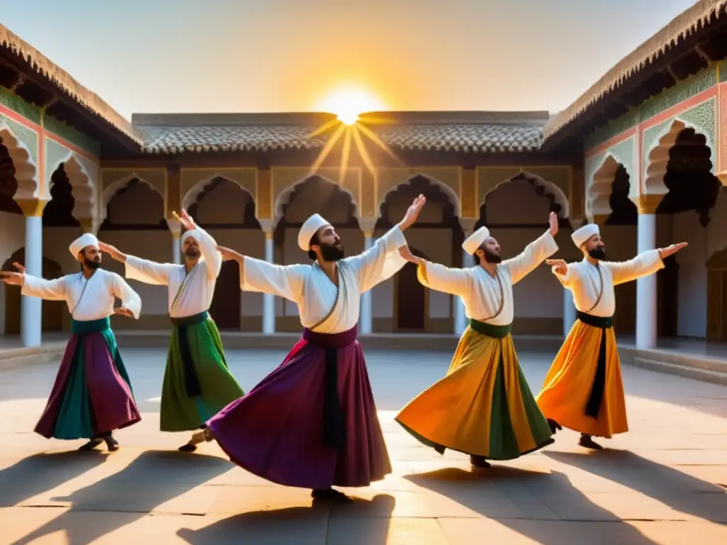 Grupo de derviches sufíes danzando en un patio antiguo al atardecer